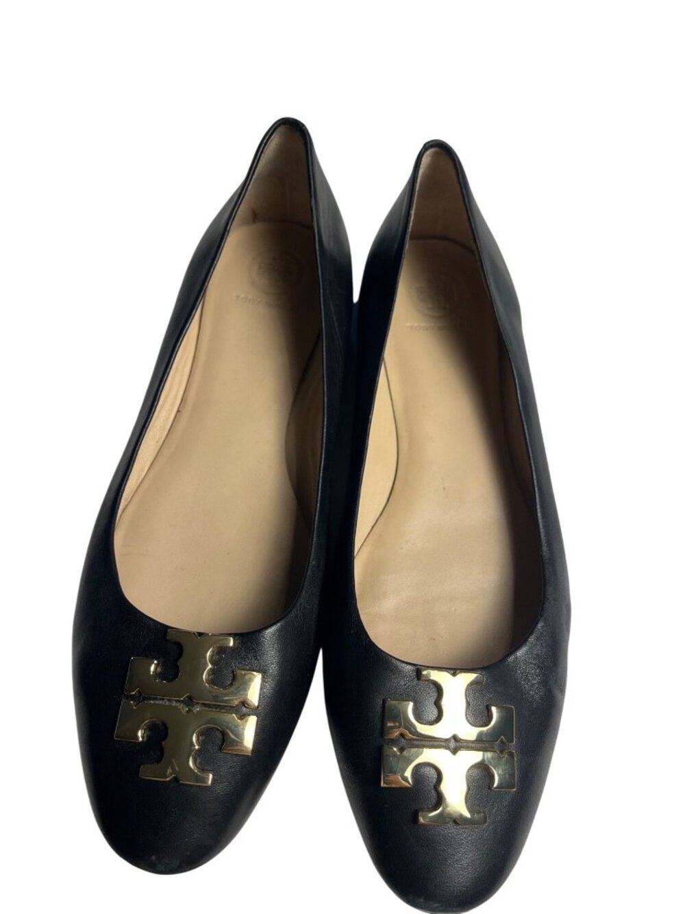 Tory Burch Black Leather Logo Ballet Flats Womens Size 8M With Gold Hardware